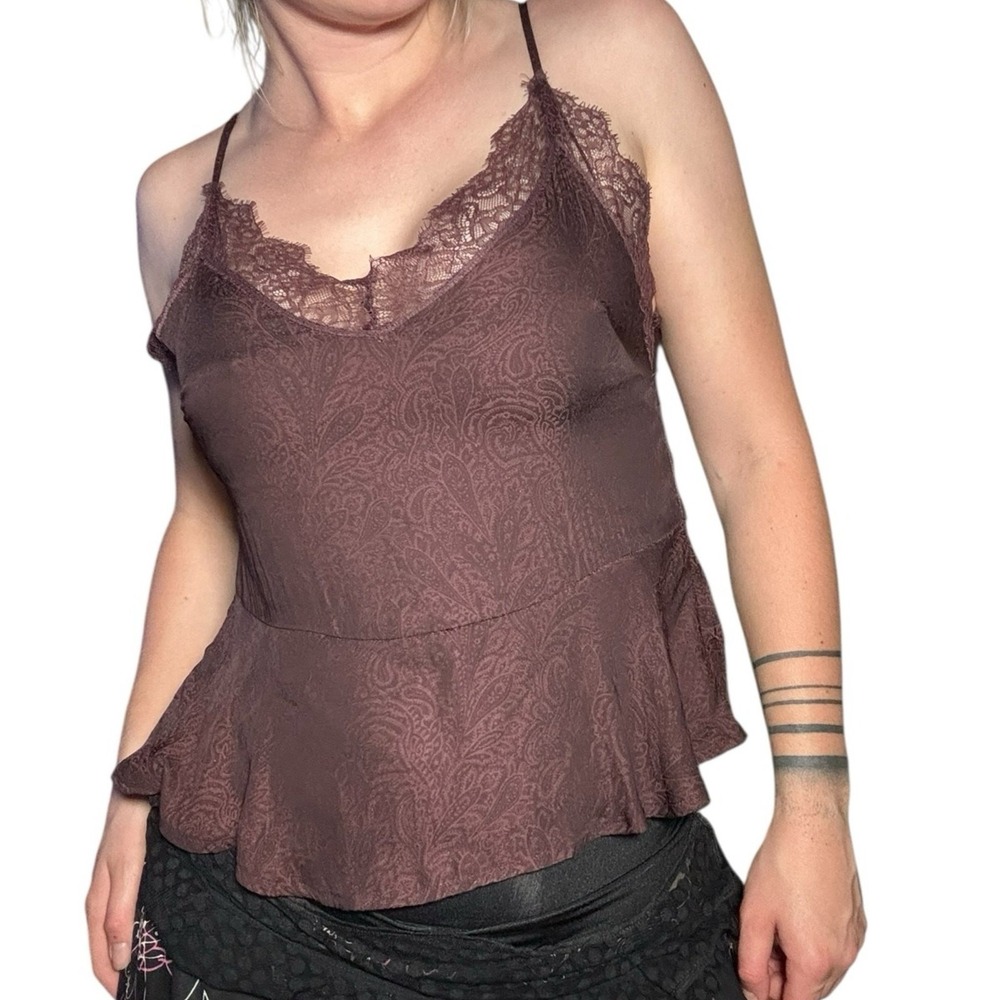 Brown whimsy goth tank top with lace and patterned fabric size 2